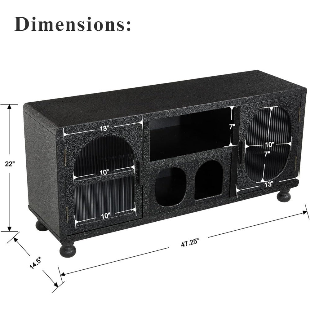 A 47-Inch Wide Hollow Display Cabinet Featuring Glass Doors, This Accent Sideboard Includes Two Arched Doors And One Shelf, Making It a Stylish Wood Buffet Cabinet Suitable for Home Entryways