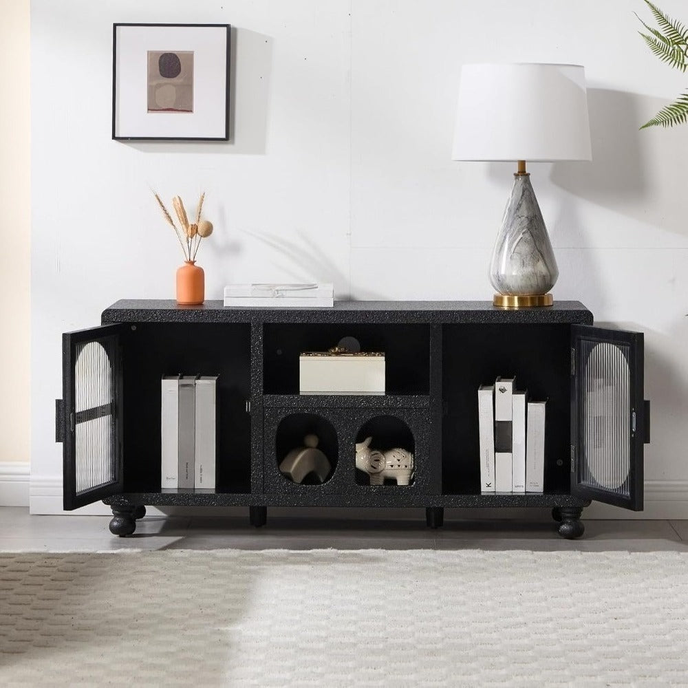 A 47-Inch Wide Hollow Display Cabinet Featuring Glass Doors, This Accent Sideboard Includes Two Arched Doors And One Shelf, Making It a Stylish Wood Buffet Cabinet Suitable for Home Entryways